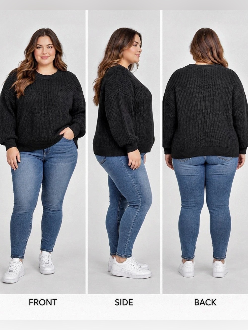 Terra & Sky Women’s 2X Black Chunky Knit Crewneck Sweater Oversized Plus Size